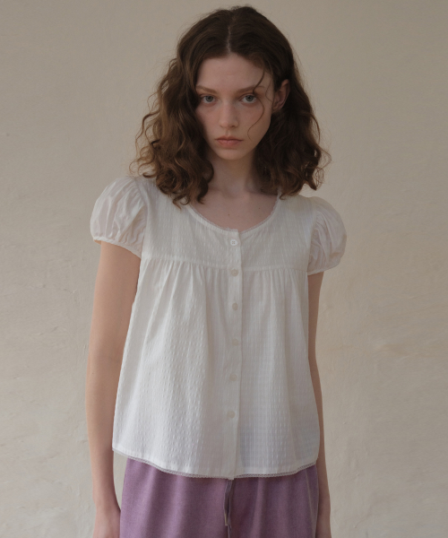 Fina Check Shirring Blouse_белый(O26BL01)