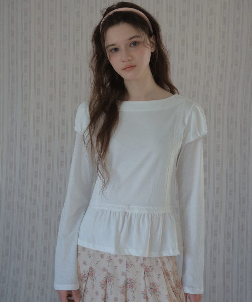 Lace Double Layered Shirring T-рубашка_белый(O26TP02)