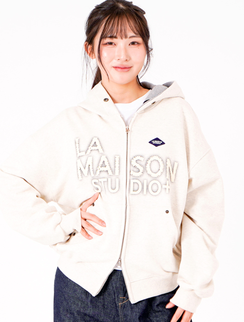 LA MAISON ESSENTIAL CROP HOODIE ZIP-UP OATMEAL(FCG1ZP681M)