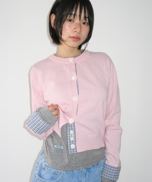 CHECK SHIRT POINTED KNIT CARDIGAN PINK