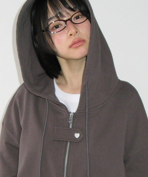 HEART SNAP HOODIE ZIP UP CHARCOAL