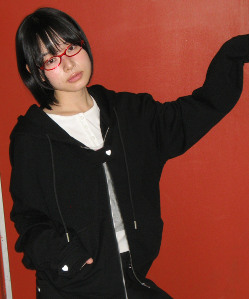 HEART SNAP HOODIE ZIP UP BLACK