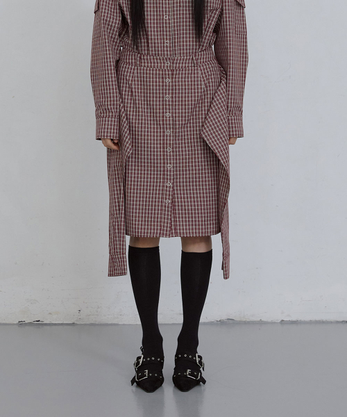 CHECKED WRAP SKIRT_ BURGUNDY CHECK