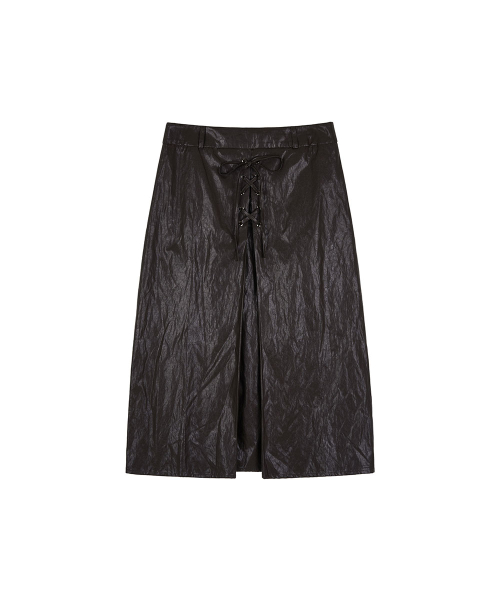 FAUX-LEATHER EYELET SKIRT_ BROWN