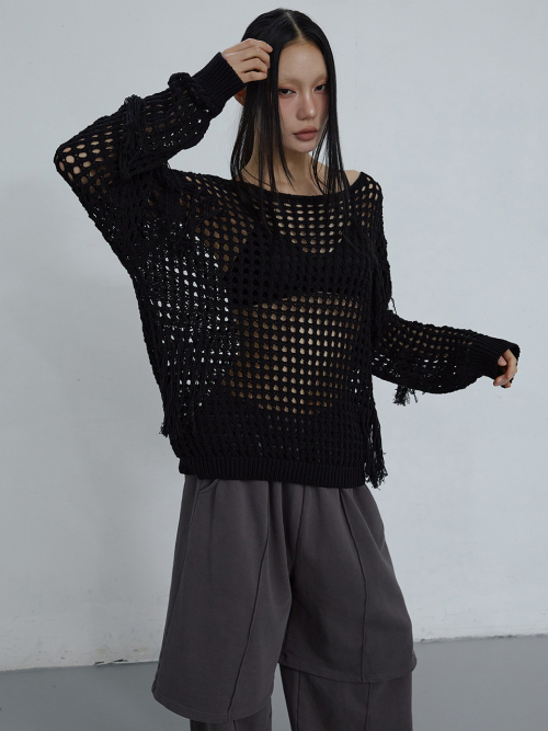 SEE-THROUGH FRINGE SWEATER_ BLACK