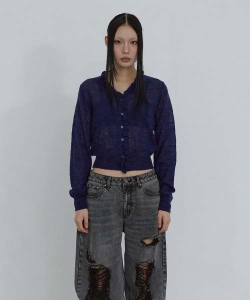 KID MOHAIR LACE V-NECK CARDIGAN_ NAVY