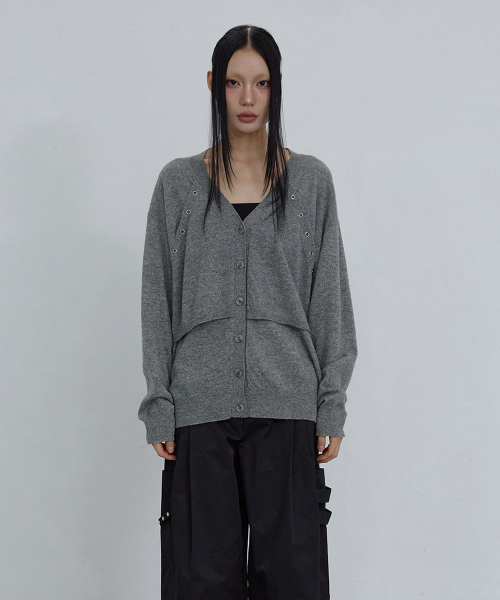 RELAXED EYELET CARDIGAN_ GREY