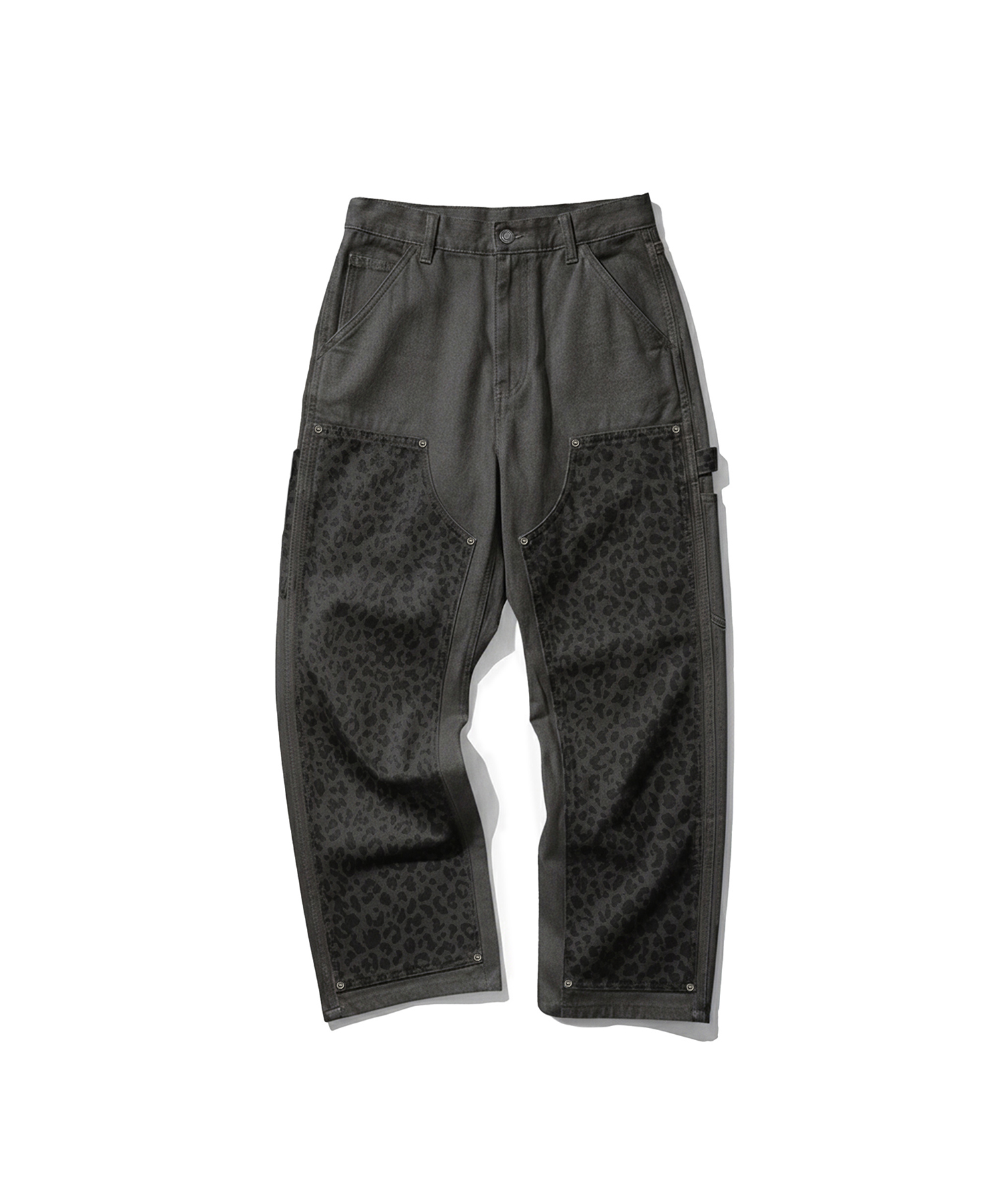 LEOPARD PANEL DOUBLE KNEE PANTS GREY