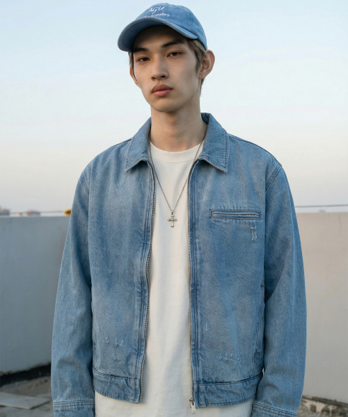 Destroyed Full Zip-Up Denim Jacket (Indigo Blue)