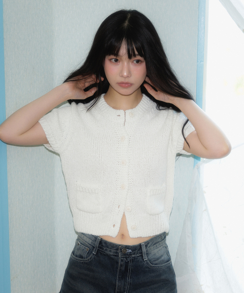Pocket short sleeve knit cardigan [Ivory]