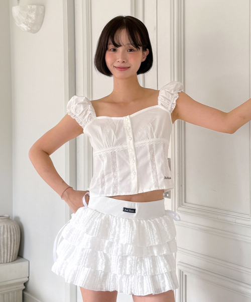 Lace Shirring Crop Blouse [Ivory]
