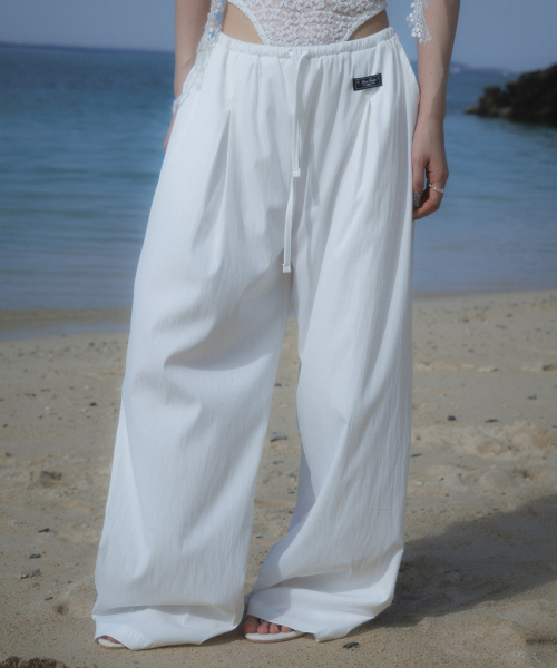 Back Lace Nylon Wide Pants [White]