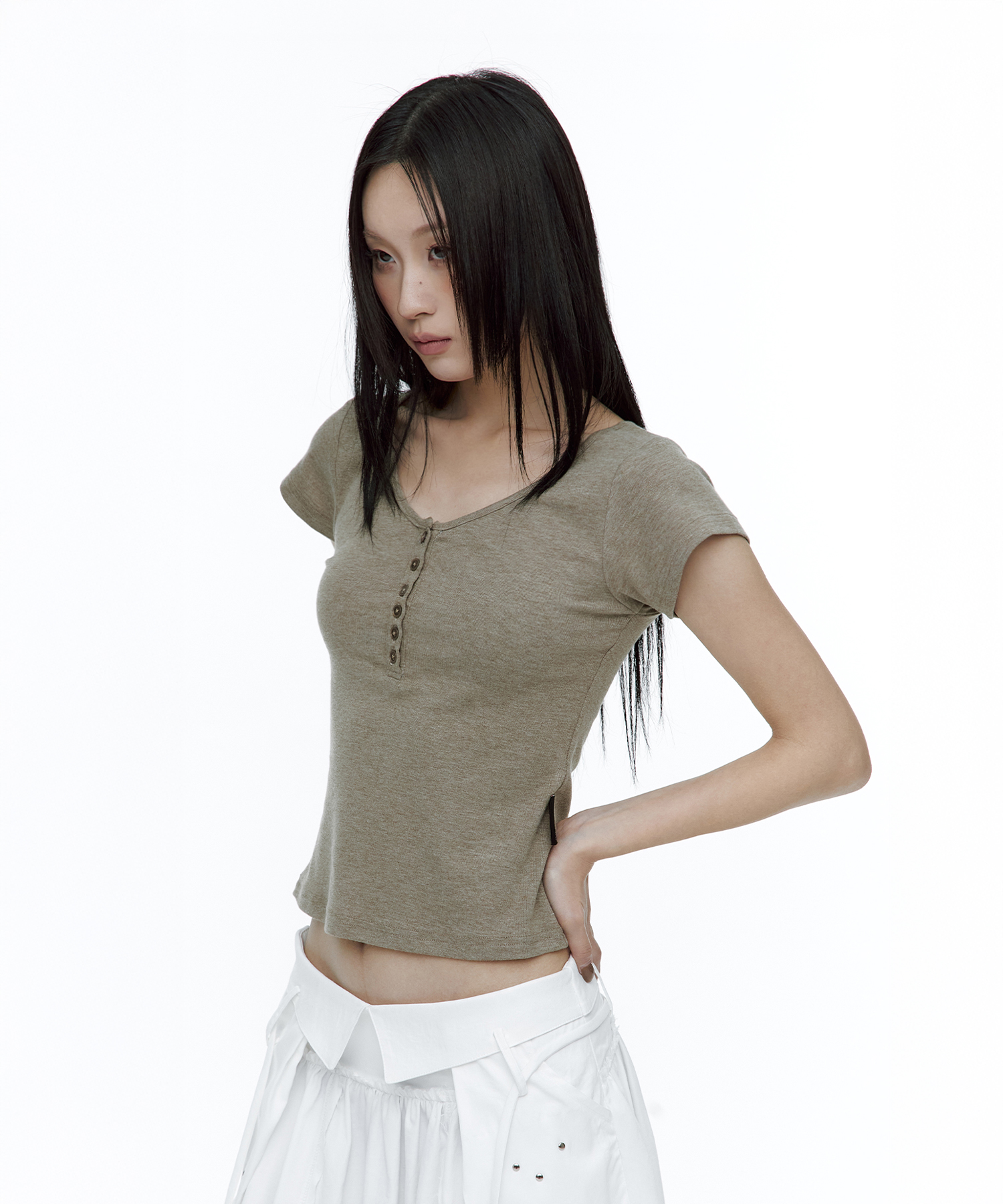 Asci Cross Henly Neck T-shirt Khaki Brown