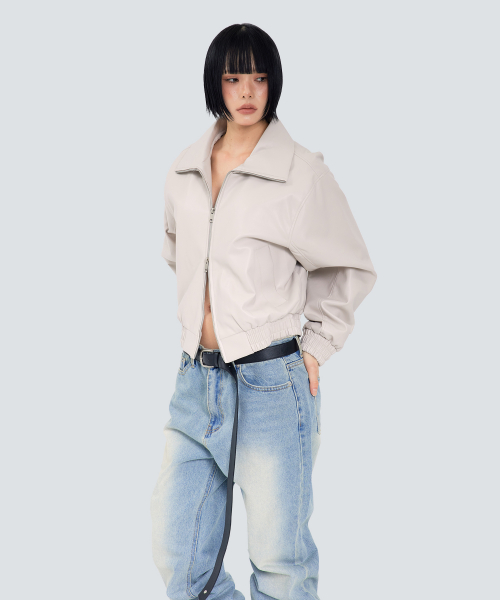 Кожаная куртка 85-VIVA148 stand pull-up crop Ivory