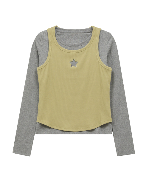 Star Cut Out Top SET Layered T-shirt GREY