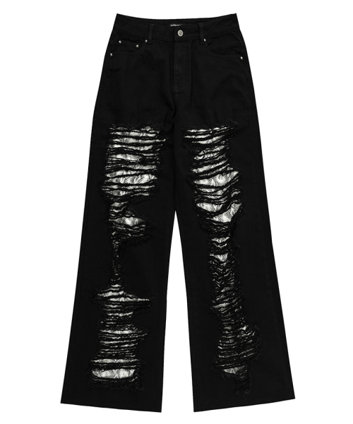 Damaged Python Wide Denim Pants #Silver