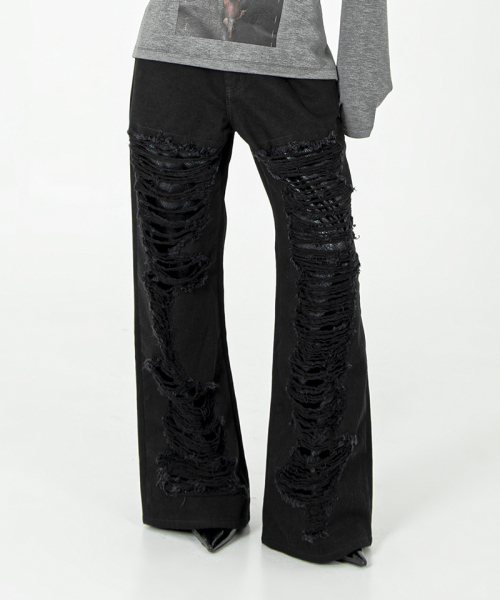 Damaged Python Wide Denim Pants #Black
