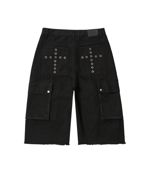EYELET CROSS POINT BERMUDA PANTS (BLACK)