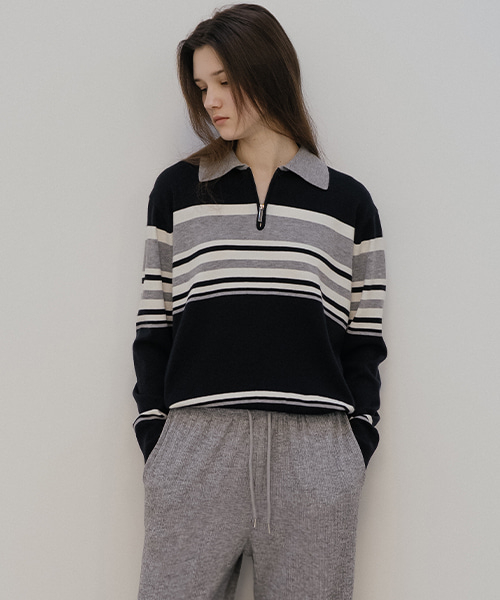 Stripe half zip up knit [TISP05SW05]_Dark navy