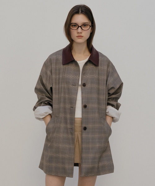 Leather point check trench coat [TISP05CT04]_Brown
