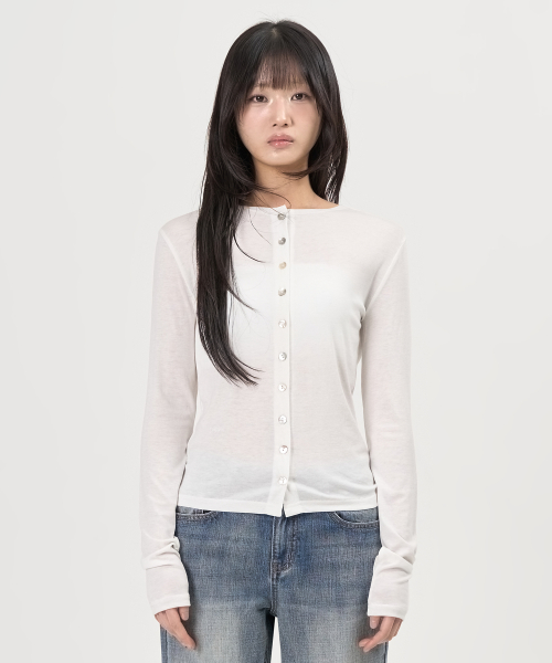 Tencel Button Round Neck Cardigan (White)