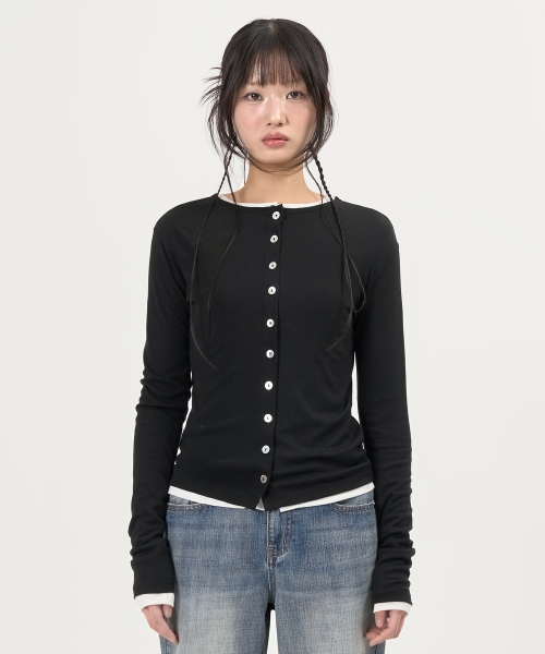 Tencel Button Round Neck Cardigan (Black)