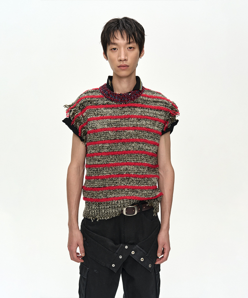 FRINGE STRIPE WOOL CREW-NECK VEST atb1540m(RED/MELANGE)