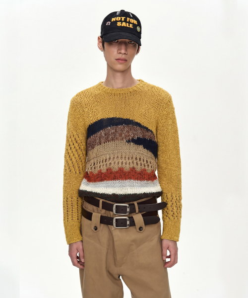YELLOW HAND-CROCHETED CREW-NECK SWEATER atb1550m(YELLOW)