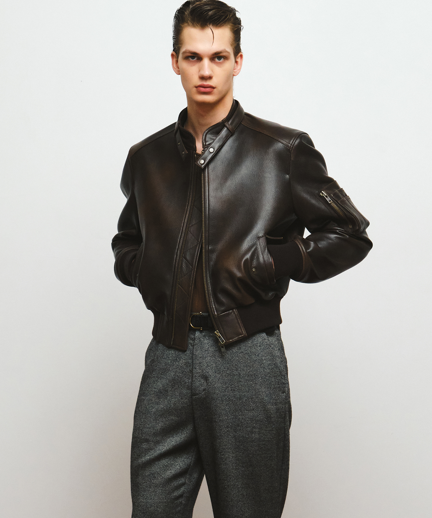 GOAT SKIN LEATHER CROP JACKET (BROWN)
