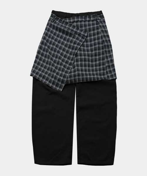 Комплект из широких хлопковых брюк и юбки с запахом в клетку [Black]