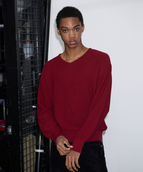 Waffle Cotton V Neck BURGUNDY