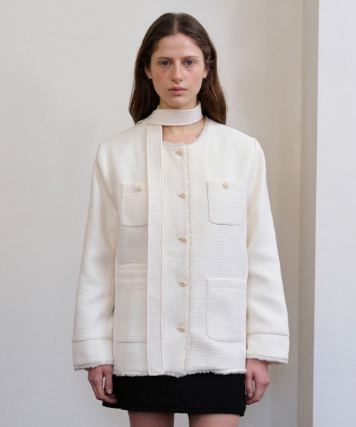 CLAIR SCARF HALF TWEED JACKET [IVORY]