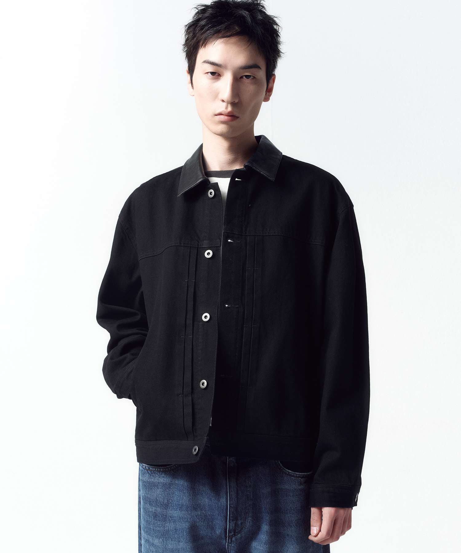 Lambskin Collar Denim Jacket BLACK