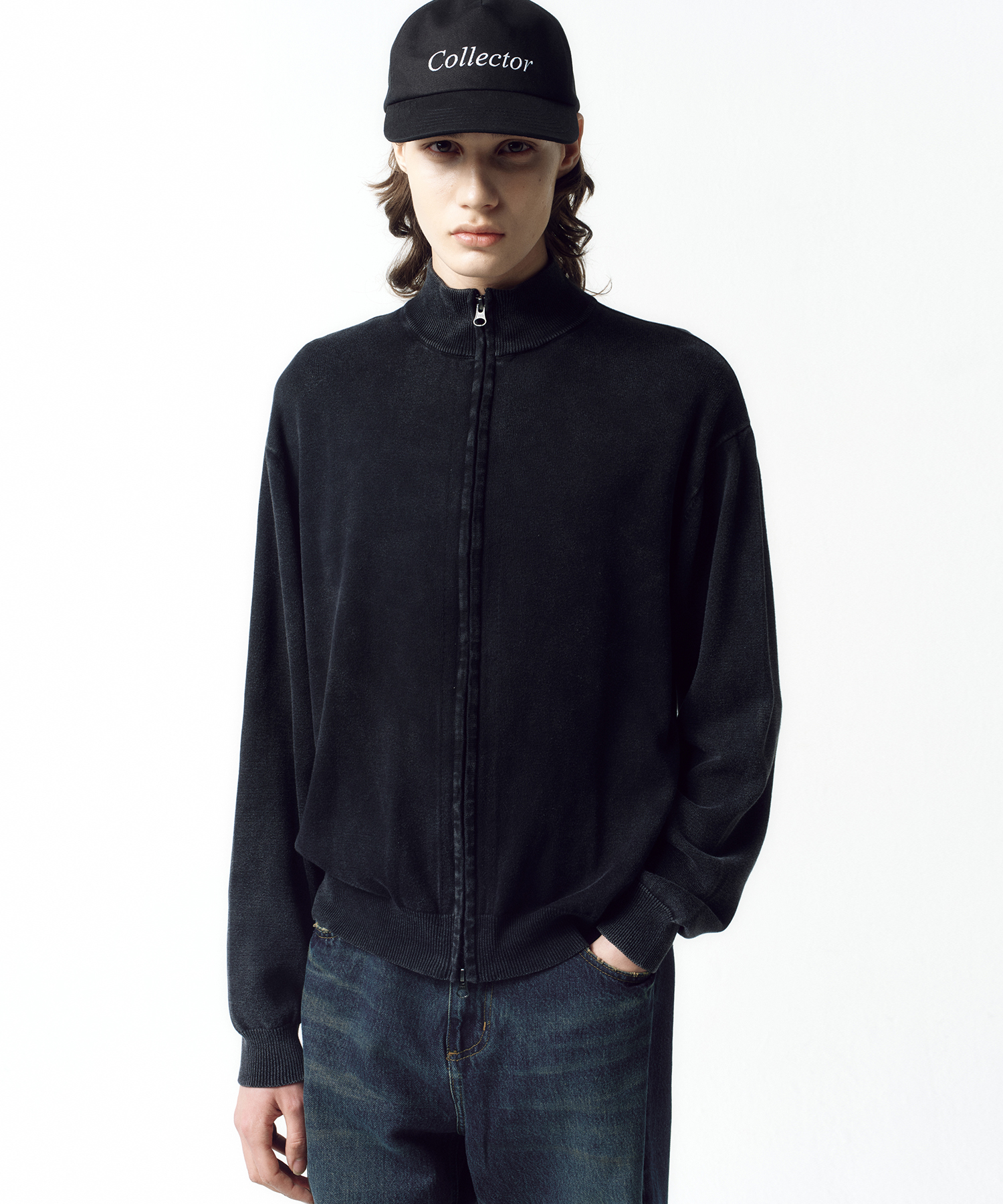 Stone Washed Knit Zip-Up WASHED BLACK