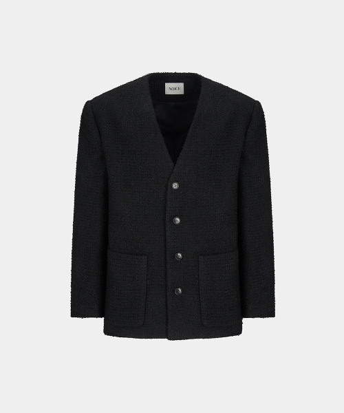 COLLARLESS WOOL-BLEND TWEED JACKET - чёрный
