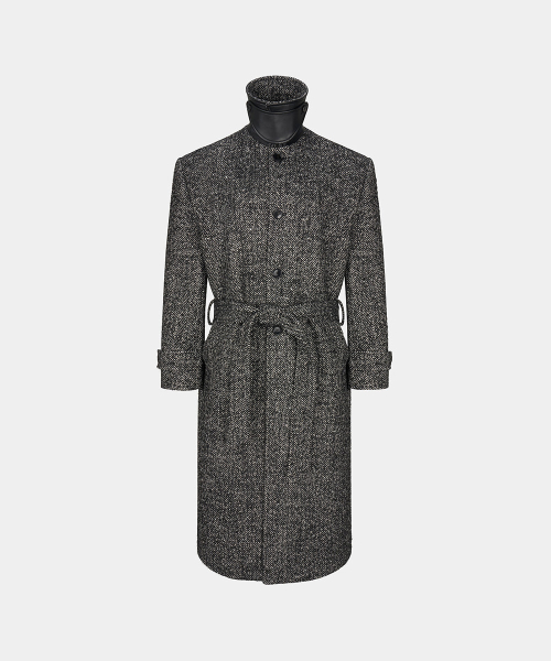 OVERSIZE BELTED HERRINGBONE BALMACAAN COAT - серый