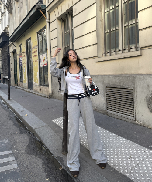 CONTRAST RIB WAIST SWEAT PANTS MELANGEGRAY