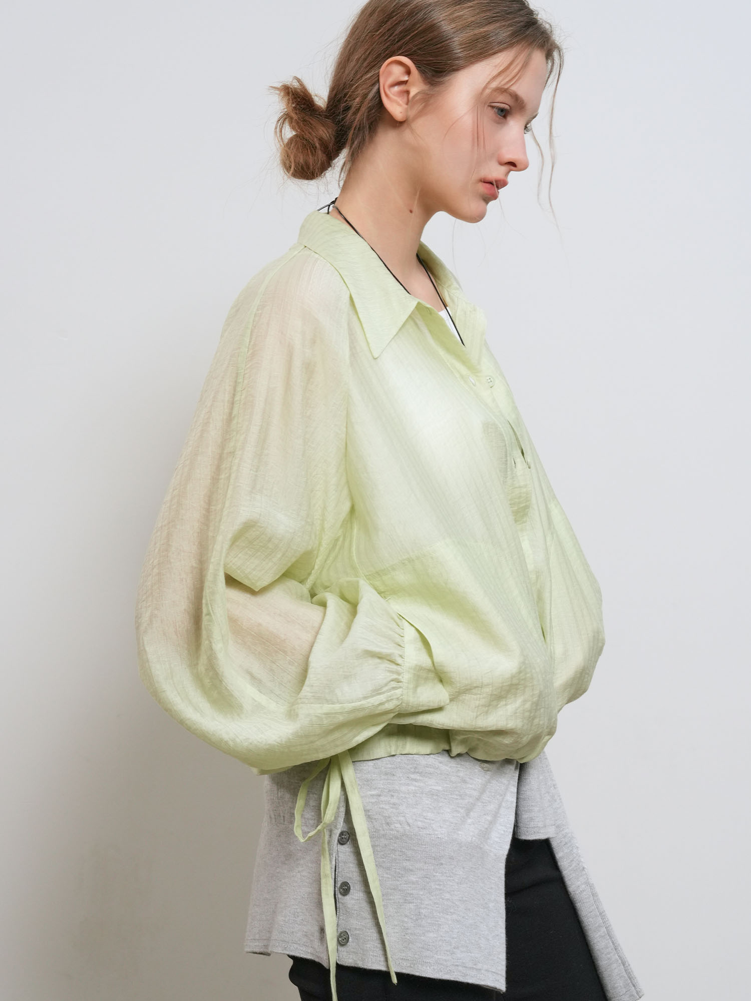 woman seer volume blouson jacket melon