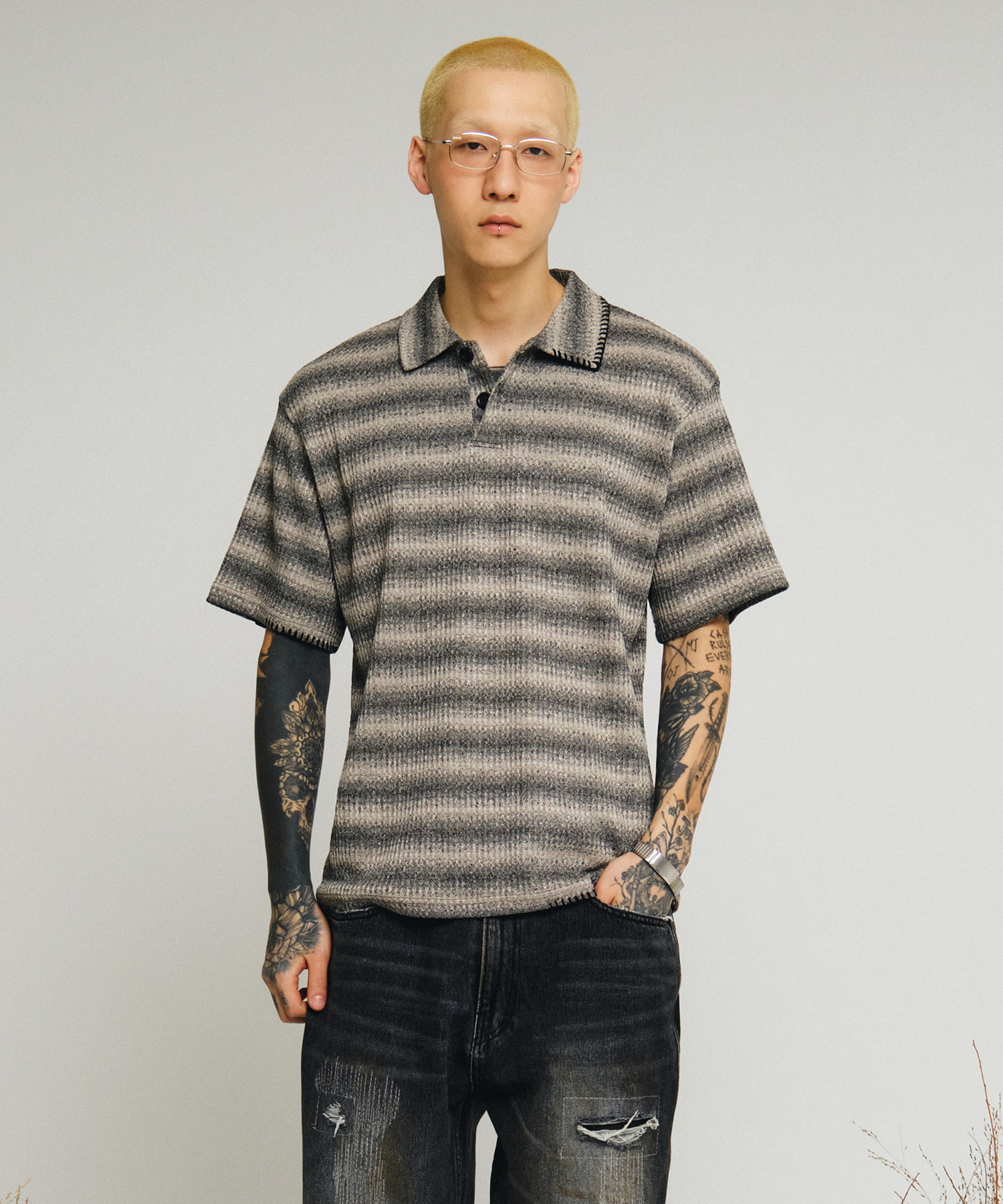 Edge Crochet 1/2 Polo Shirt (ombre stripe)