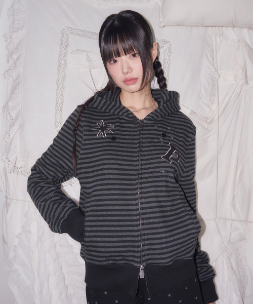 STRIPE STAR BUTTON HOOD ZIP-UP чёрный