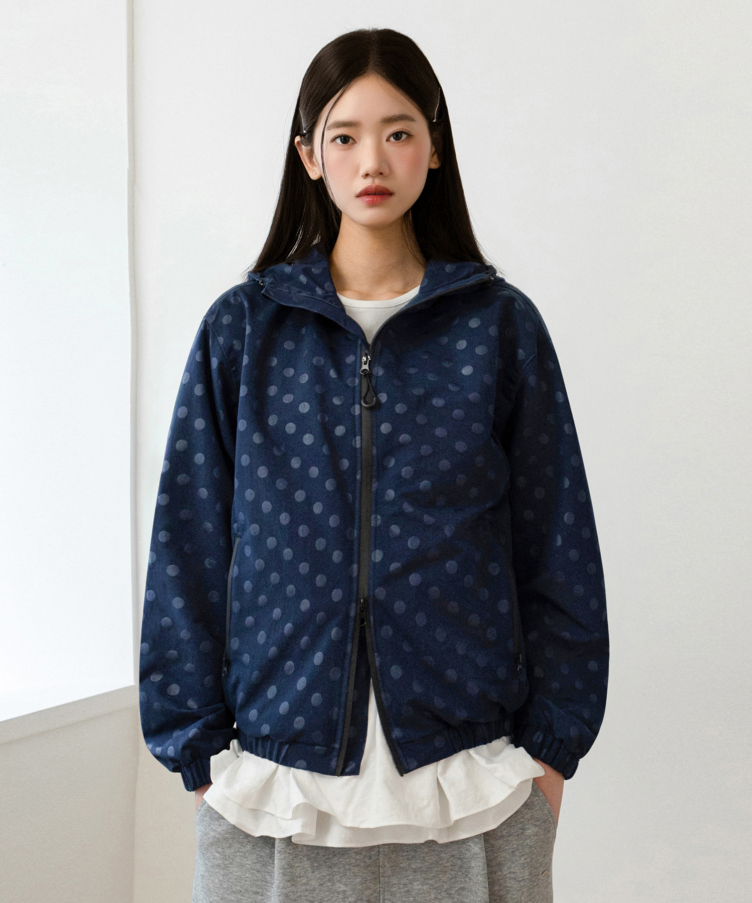 EUG 2WAY DOT HOODED WINDBREAKER JACKET_NAVY