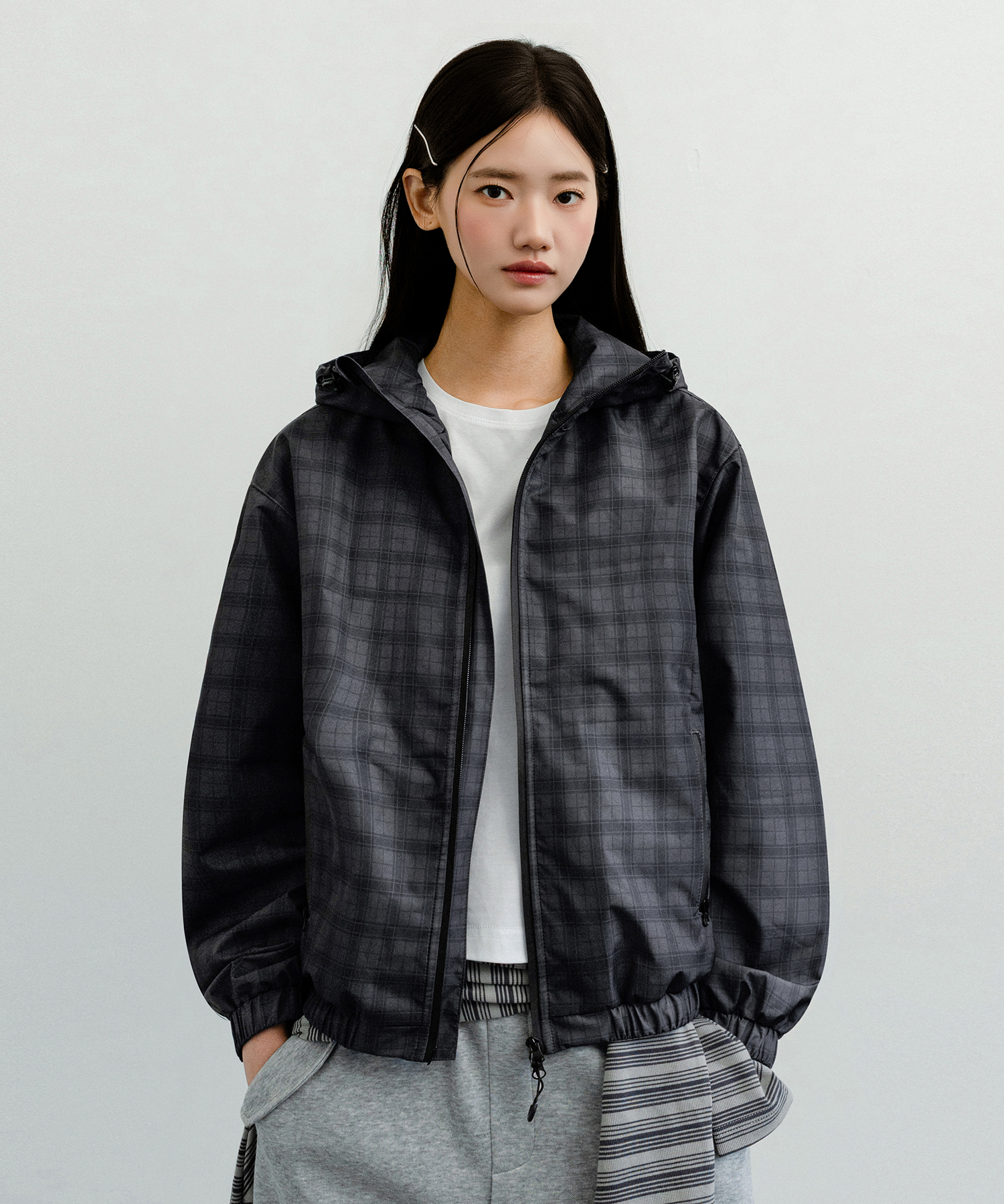 2WAY CHECK HOODED WINDBREAKER JACKET_BLACK