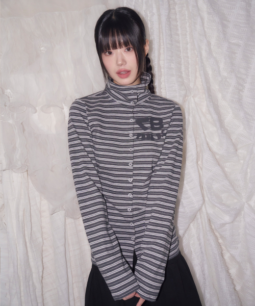 97 LOGO STRIPE HIGH NECK CARDIGAN GRAY