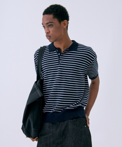 Pure Cotton Collar Knit STRIPE тёмно-синий