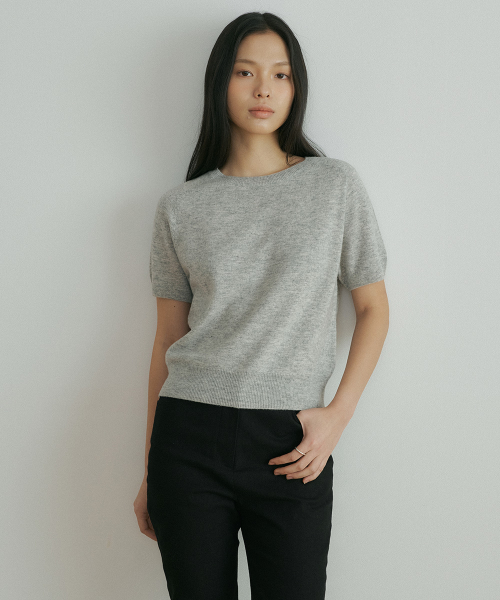 wool round neck half sleeve knit top-melange
