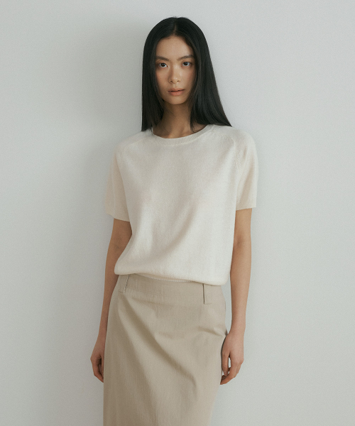 wool round neck half sleeve knit top-cream