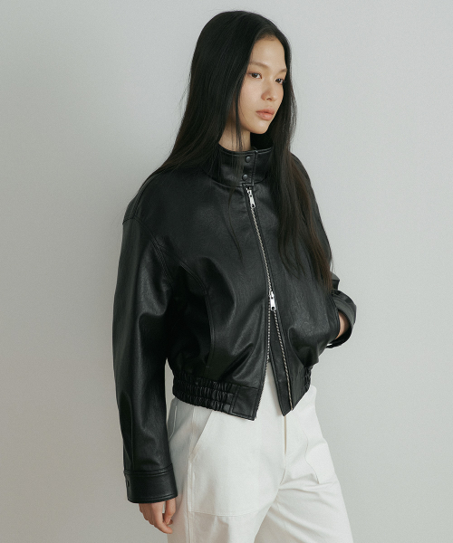 high neck leather blouson-чёрный