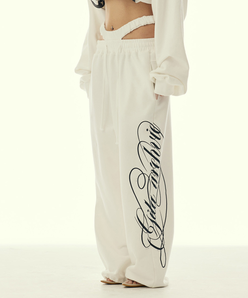 CUT OUT DOUBLE WAIST SWEAT PANTS WHITE