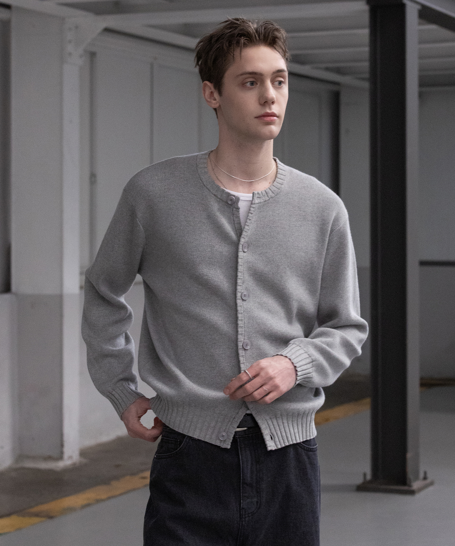 Panel Ribbed Round горловина Cardigan [GRAY]