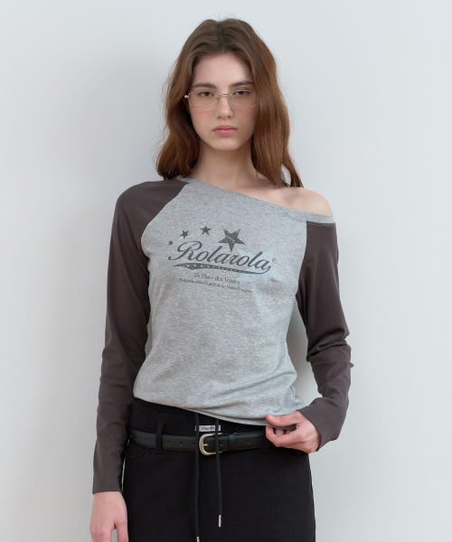LOGO GRAPHIC OFF SHOULDER RAGLAN T SHIRT CHARCOAL